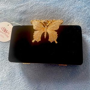 DM Dexmay Fancy Evening bag. New in box. Black with rhinestone butterfly clasp.